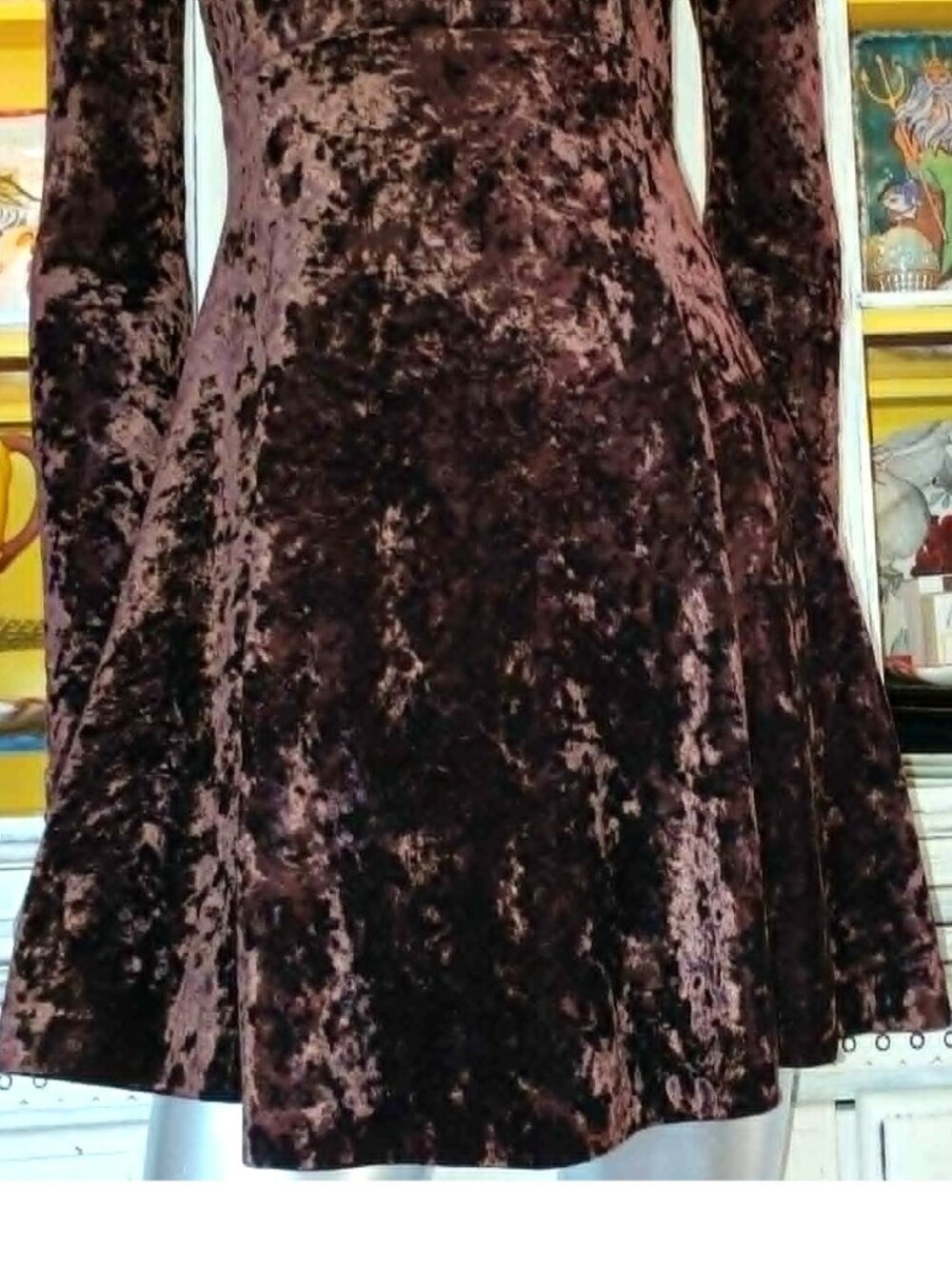Vintage Betsey Johnson 90s Y2K Brown Crushed Velvet Victorian Pearl Skater Dress - Picture 13 of 15